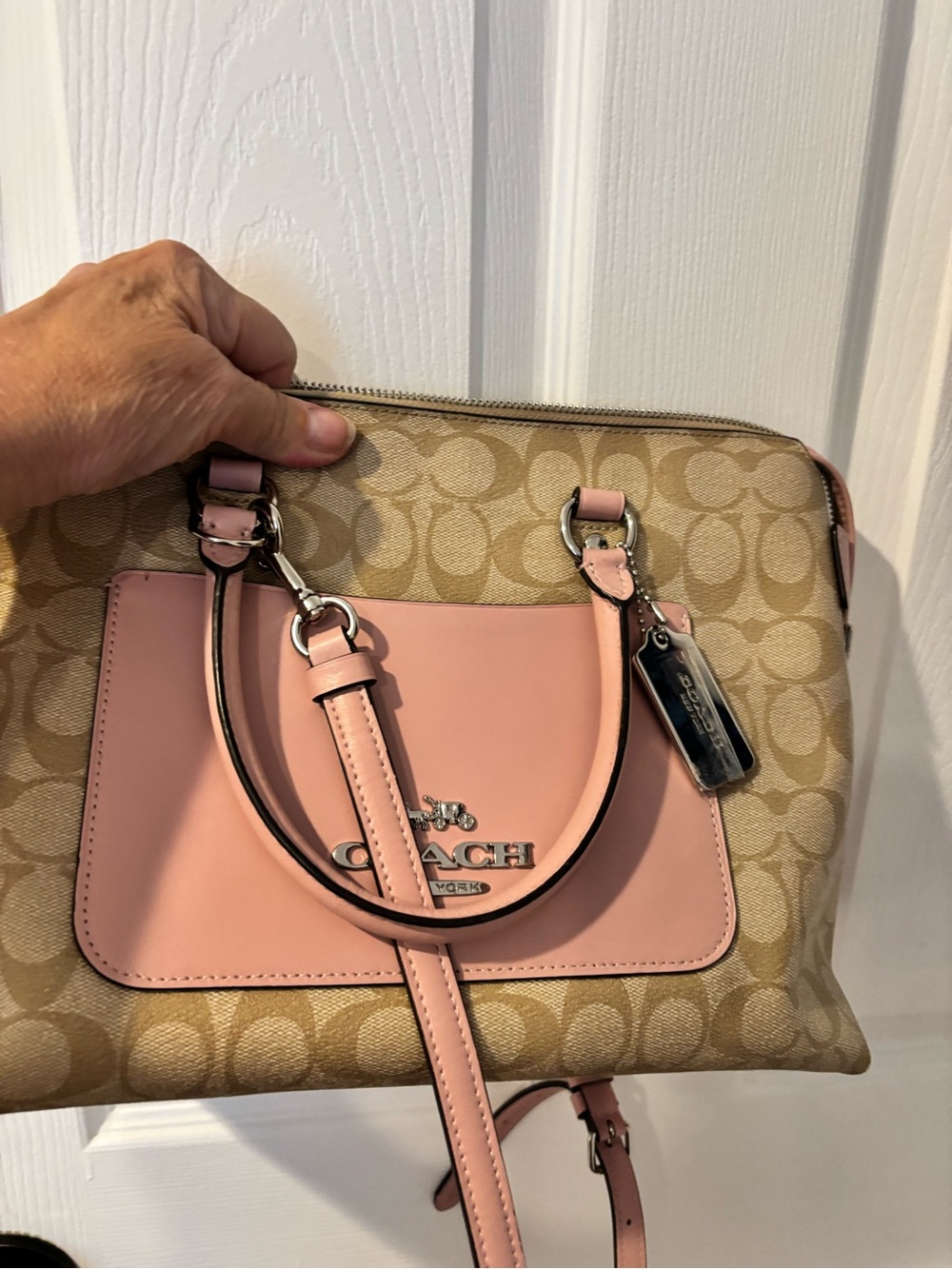 COACH Emma Signature Canvas Satchel with Pink Leather Trim Mint - Picture 3 of 9